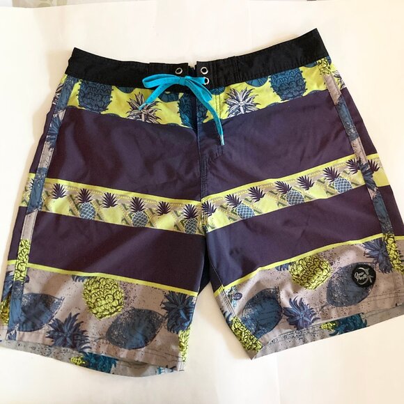Vintage Ocean Pacific Board Shorts Mens Swim Suit Size M 34 Pineapples Teal Blue - Picture 1 of 16